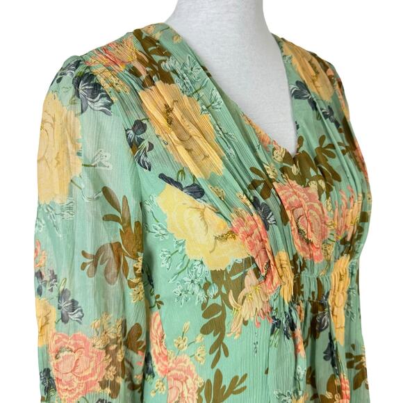 Sundance Sylvan Sage Green Floral Sheer Crepe Texture Silk Babydoll Blouse - Picture 6 of 10